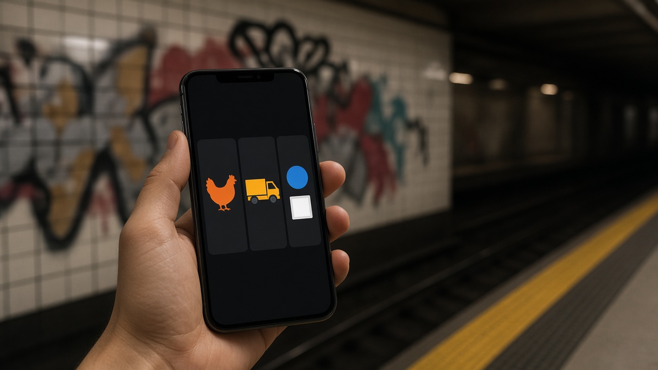 Téléphone tenu dans un passage de métro, avec des symboles simples à l’écran