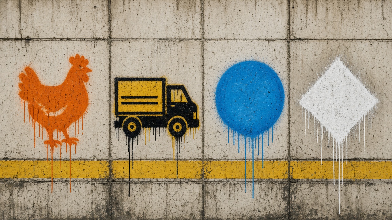 Symboles peints à la bombe sur un mur de station : poulet, camion, cercle et losange