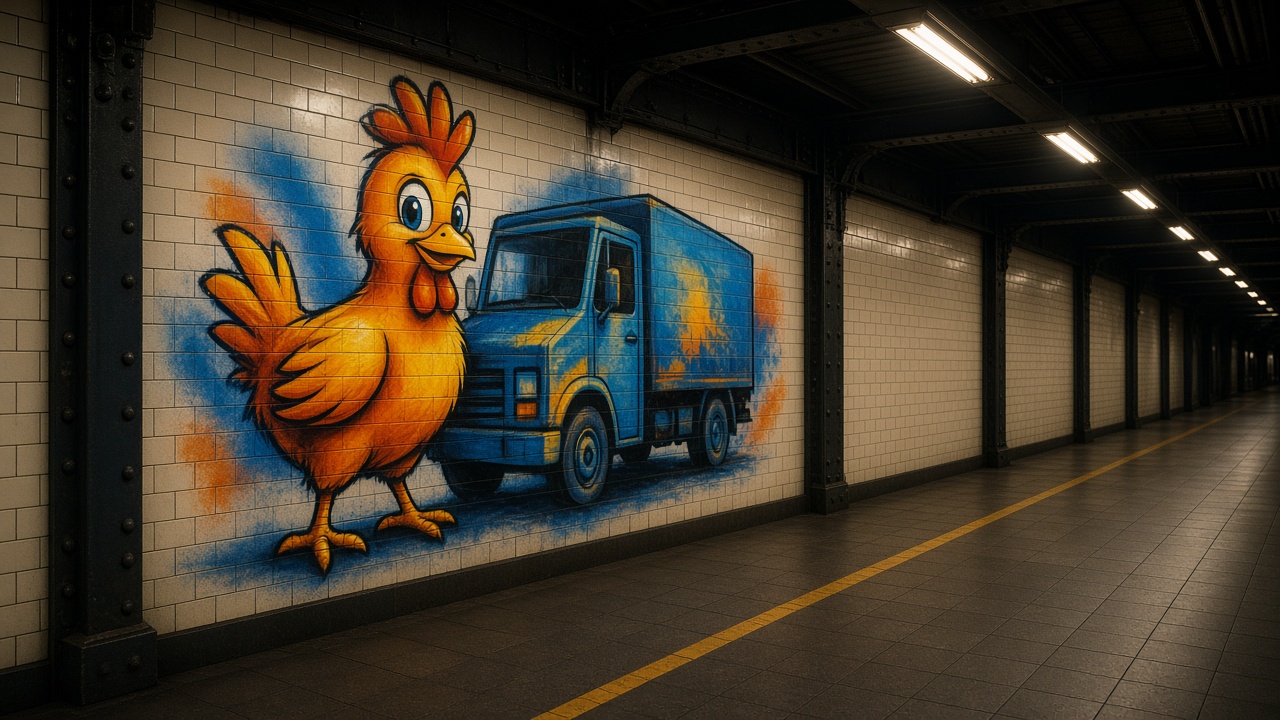 Couloir de métro avec un poulet et un camion peints sur le carrelage
